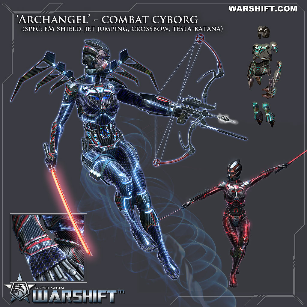 WARSHIFT 'Archangel' – Cyborg Commando, EM shield, Jet jumping, Crossbow, Tesla-katana